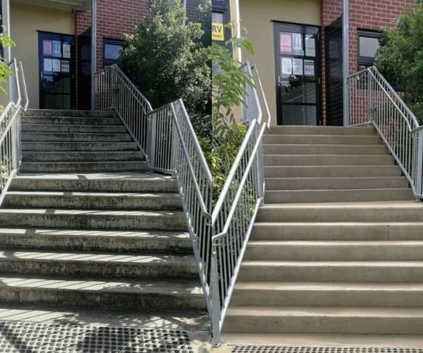 External pressure washing concrete staircase before and after